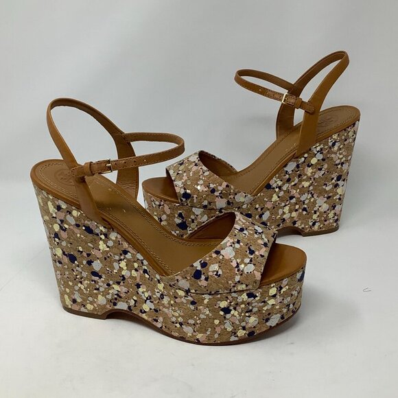 Tory Burch Solana Confetti cork wedges 8.5M sandals brown leather ankle strap - Picture 5 of 9
